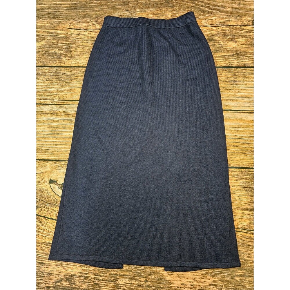 VTG St. John Basics Womens 10 Navy Blue Straight Pencil Skirt Midi Pull On Slit